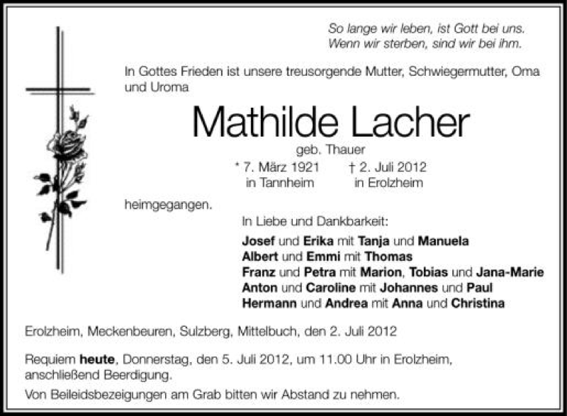  Traueranzeige für Mathilde Lacher vom 05.07.2012 aus Schwäbische Zeitung