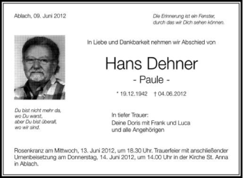Anzeige von Hans Dehner von Schwäbische Zeitung