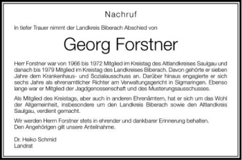 Anzeige von Georg Forstner von Schwäbische Zeitung