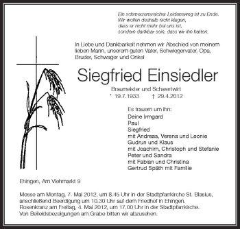 Anzeige von Siegfried Einsiedler von Schwäbische Zeitung