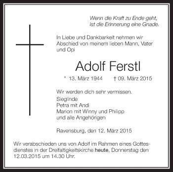 Anzeige von Adolf Ferstl von Schwäbische Zeitung