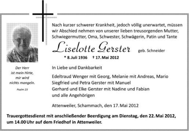  Traueranzeige für Liselotte Gerster vom 21.05.2012 aus Schwäbische Zeitung
