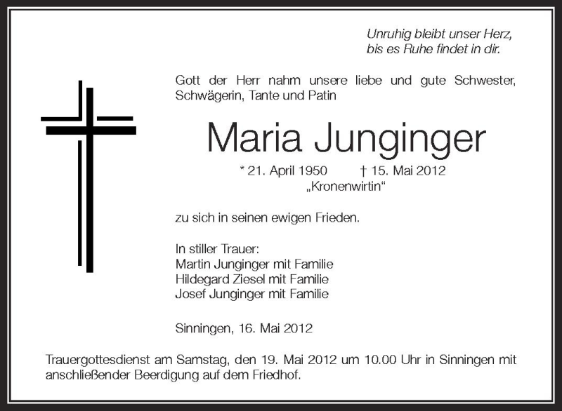  Traueranzeige für Maria Junginger vom 18.05.2012 aus Schwäbische Zeitung