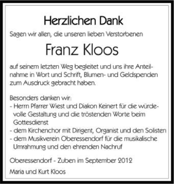 Anzeige von Franz Kloos von Schwäbische Zeitung
