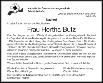 Anzeige von Hertha Butz von Schwäbische Zeitung