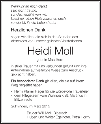 Anzeige von Heidi Moll von Schwäbische Zeitung