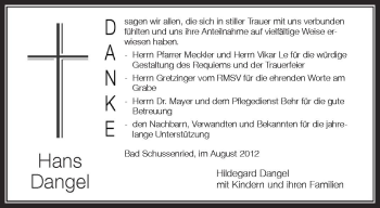 Anzeige von Hans Dangel von Schwäbische Zeitung