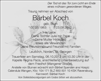 Anzeige von Bärbel Koch von Schwäbische Zeitung