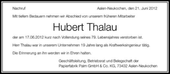 Anzeige von Hubert Thalau von Schwäbische Zeitung