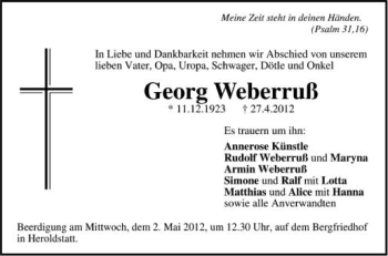 Anzeige von Georg Weberruß von Schwäbische Zeitung
