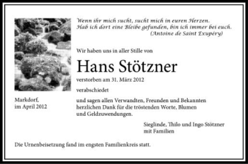Anzeige von Hans Stötzner von Schwäbische Zeitung