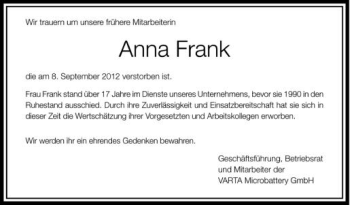 Anzeige von Anna Frank von Schwäbische Zeitung