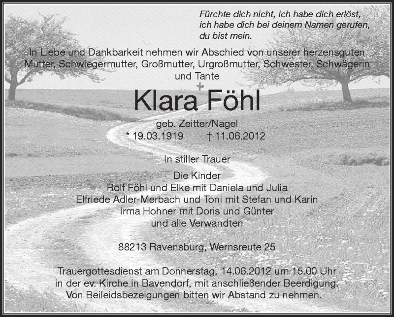  Traueranzeige für Klara Föhl vom 13.06.2012 aus Schwäbische Zeitung