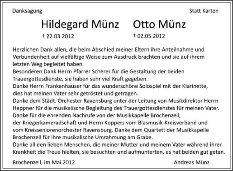  Traueranzeige für Hildegard Münz vom 19.05.2012 aus Schwäbische Zeitung