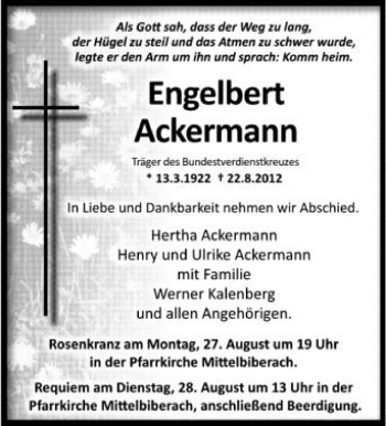 Anzeige von Engelbert Ackermann von Schwäbische Zeitung