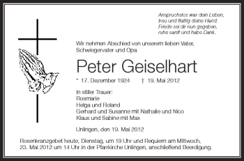 Anzeige von Peter Geiselhart von Schwäbische Zeitung