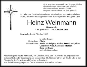 Anzeige von Heinz Weinmann von Schwäbische Zeitung