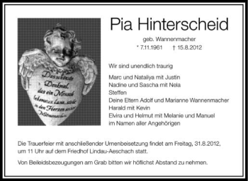 Anzeige von Pia Hinterscheid von Schwäbische Zeitung