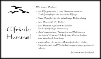 Anzeige von Elfriede Hummel von Schwäbische Zeitung