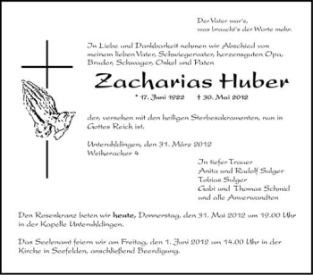 Anzeige von Zacharias Huber von Schwäbische Zeitung