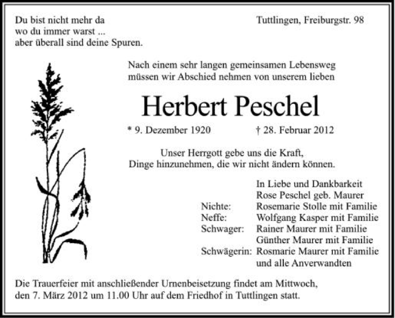  Traueranzeige für Herbert Peschel vom 03.03.2012 aus Schwäbische Zeitung