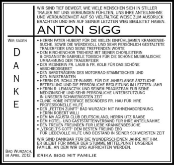 Anzeige von Anton Sigg von Schwäbische Zeitung