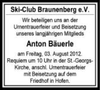 Anzeige von Anton Bäuerle von Schwäbische Zeitung