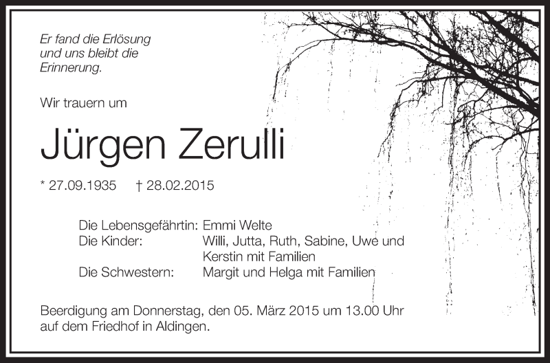  Traueranzeige für Jürgen Zeruili vom 03.03.2015 aus Schwäbische Zeitung