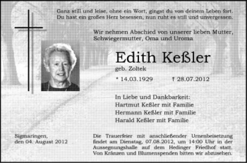 Anzeige von Edith Keßler von Schwäbische Zeitung