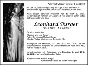 Anzeige von Leonhard Burger von Schwäbische Zeitung