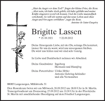 Anzeige von Brigitte Lassen von Schwäbische Zeitung