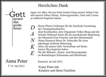Anzeige von Anna Peter von Schwäbische Zeitung