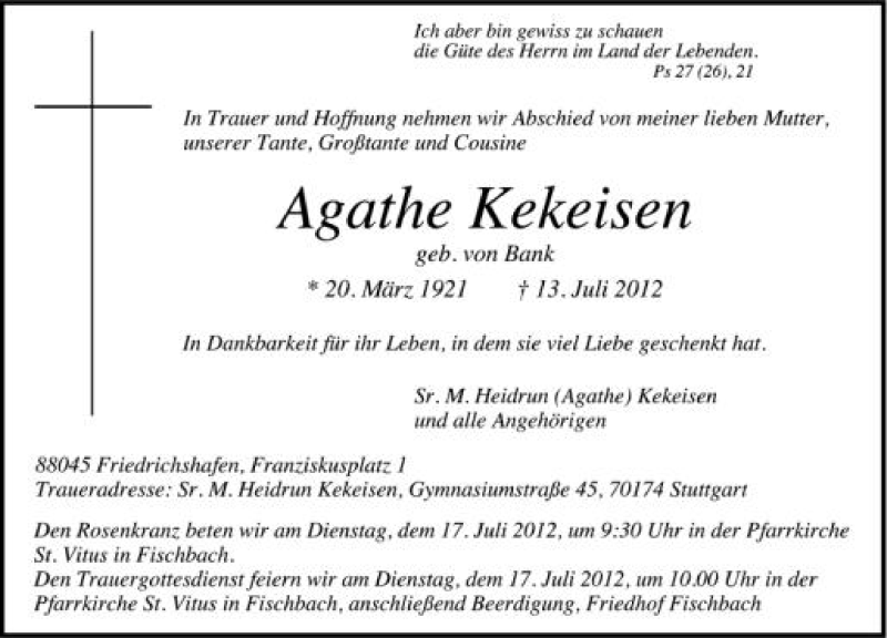  Traueranzeige für Agathe Kekeisen vom 16.07.2012 aus Schwäbische Zeitung