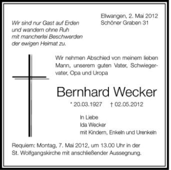 Anzeige von Bernhard Wecker von Schwäbische Zeitung
