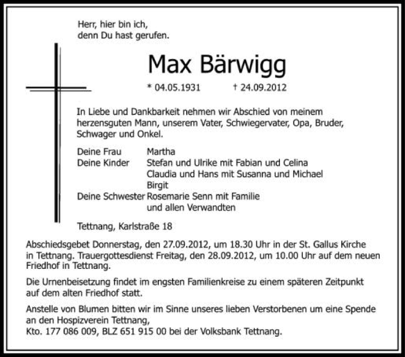  Traueranzeige für Max Bärwigg vom 26.09.2012 aus Schwäbische Zeitung