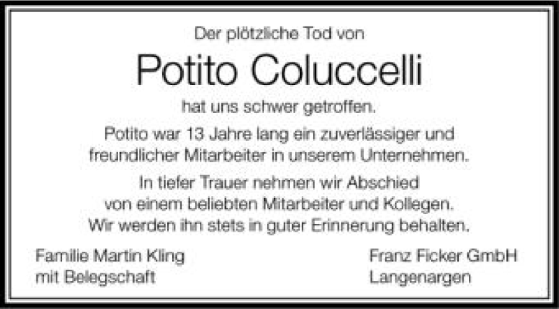  Traueranzeige für Potito Coluccelli vom 28.09.2012 aus Schwäbische Zeitung