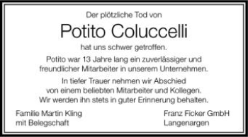 Anzeige von Potito Coluccelli von Schwäbische Zeitung
