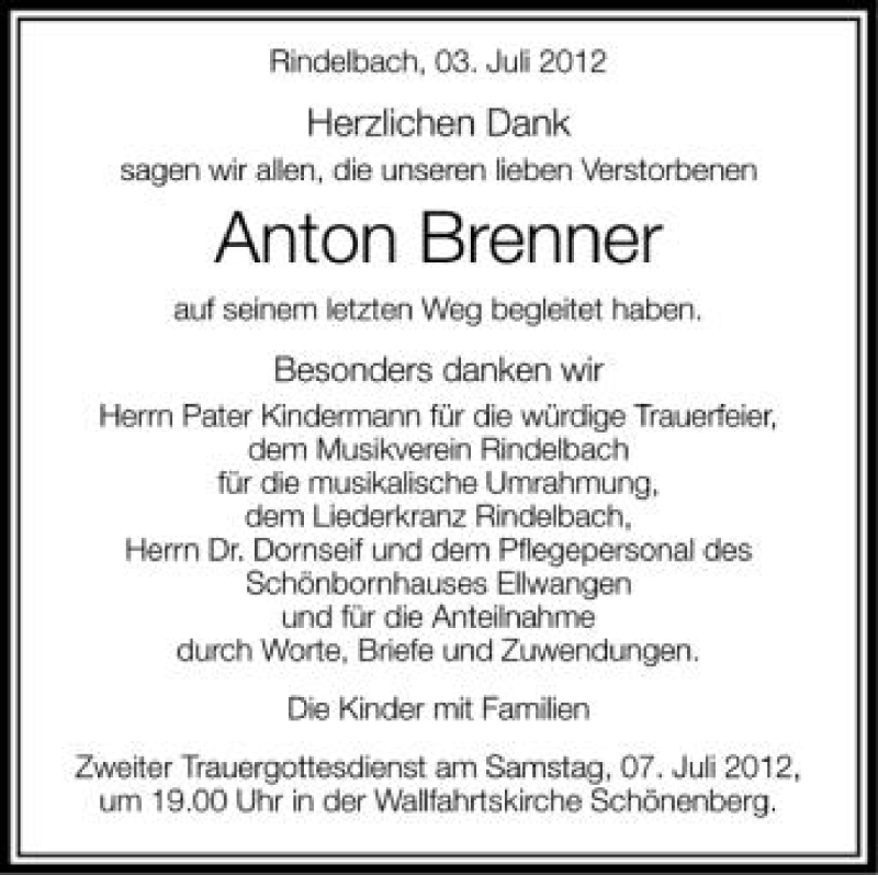  Traueranzeige für Anton Brenner vom 03.07.2012 aus Schwäbische Zeitung
