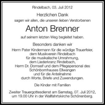 Anzeige von Anton Brenner von Schwäbische Zeitung