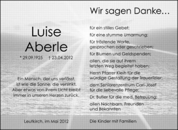 Anzeige von Luise Aberle von Schwäbische Zeitung