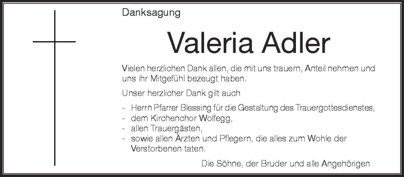  Traueranzeige für Valeria Adler vom 09.05.2012 aus Schwäbische Zeitung