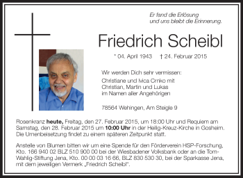 Anzeige von Friedrich Scheibl von Schwäbische Zeitung