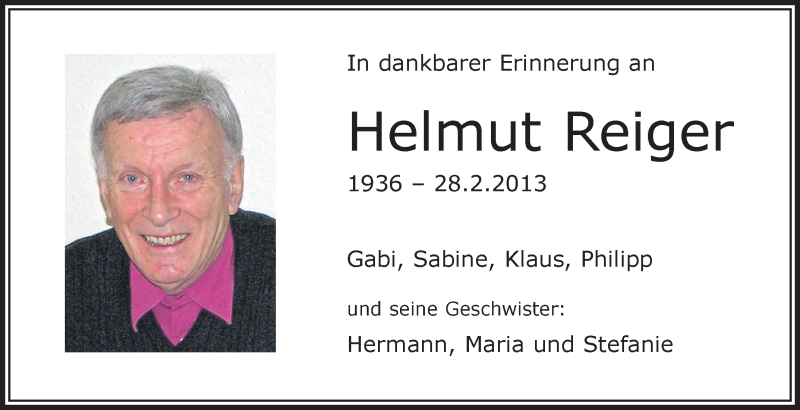  Traueranzeige für Helmut Reiger vom 28.02.2015 aus Schwäbische Zeitung