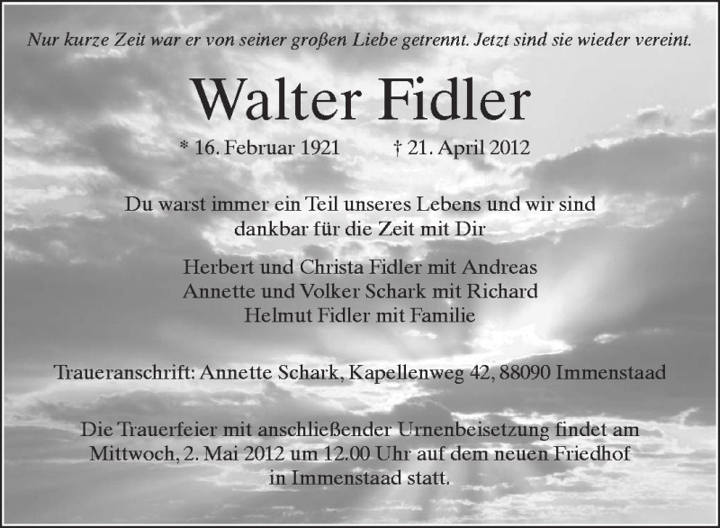  Traueranzeige für Walter Fidler vom 25.04.2012 aus Schwäbische Zeitung