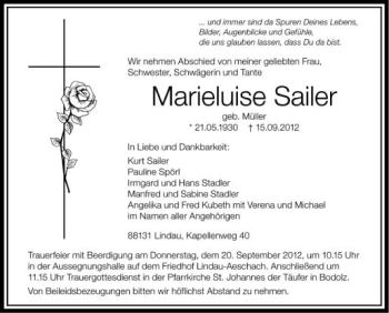 Anzeige von Marieluise Sailer von Schwäbische Zeitung