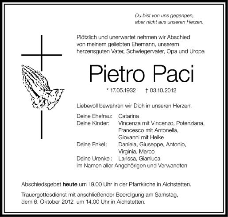  Traueranzeige für Pietro Paci vom 05.10.2012 aus Schwäbische Zeitung