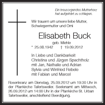 Anzeige von Elisabeth Buck von Schwäbische Zeitung
