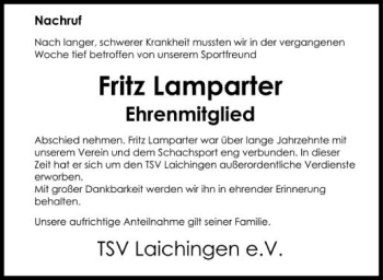 Anzeige von Fritz Lamparter von Schwäbische Zeitung