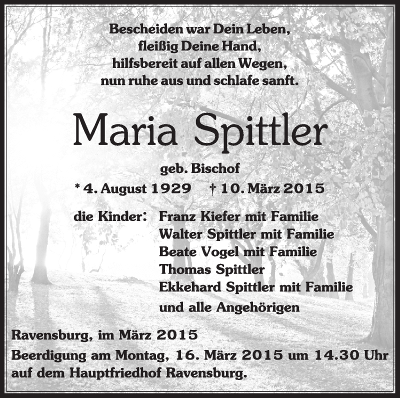  Traueranzeige für Maria Spittler vom 13.03.2015 aus Schwäbische Zeitung