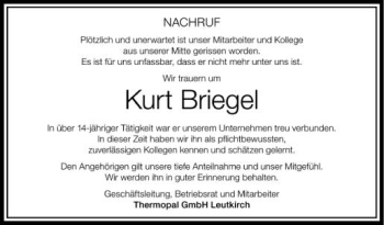 Anzeige von Kurt Briegel von Schwäbische Zeitung
